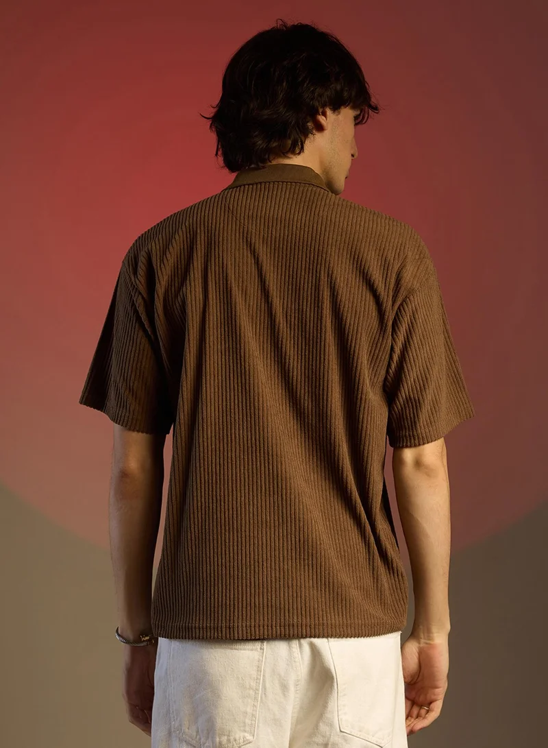 كامبوس سوترا Men's Chocolate Brown Ribbed Oversized Polo T-Shirt