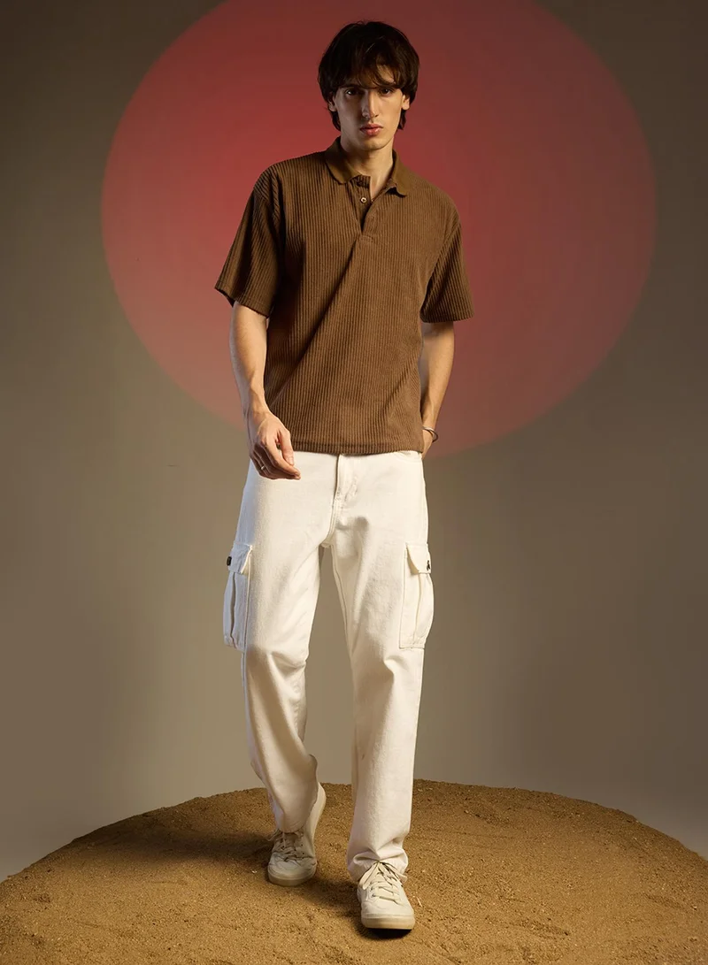 كامبوس سوترا Men's Chocolate Brown Ribbed Oversized Polo T-Shirt