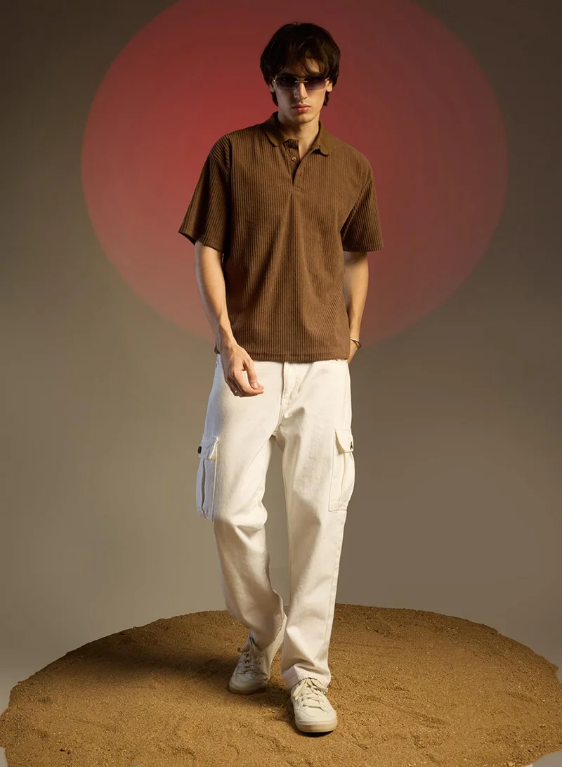 كامبوس سوترا Men's Chocolate Brown Ribbed Oversized Polo T-Shirt
