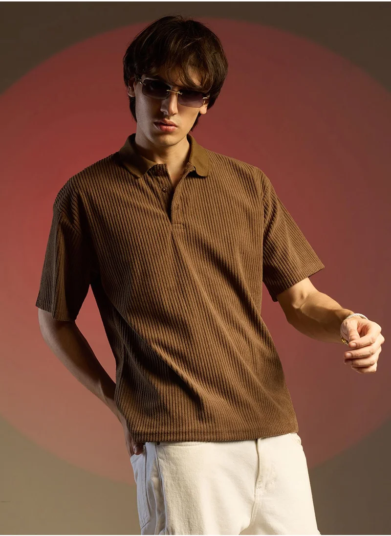 Campus Sutra Men's Chocolate Brown Ribbed Oversized Polo T-Shirt
