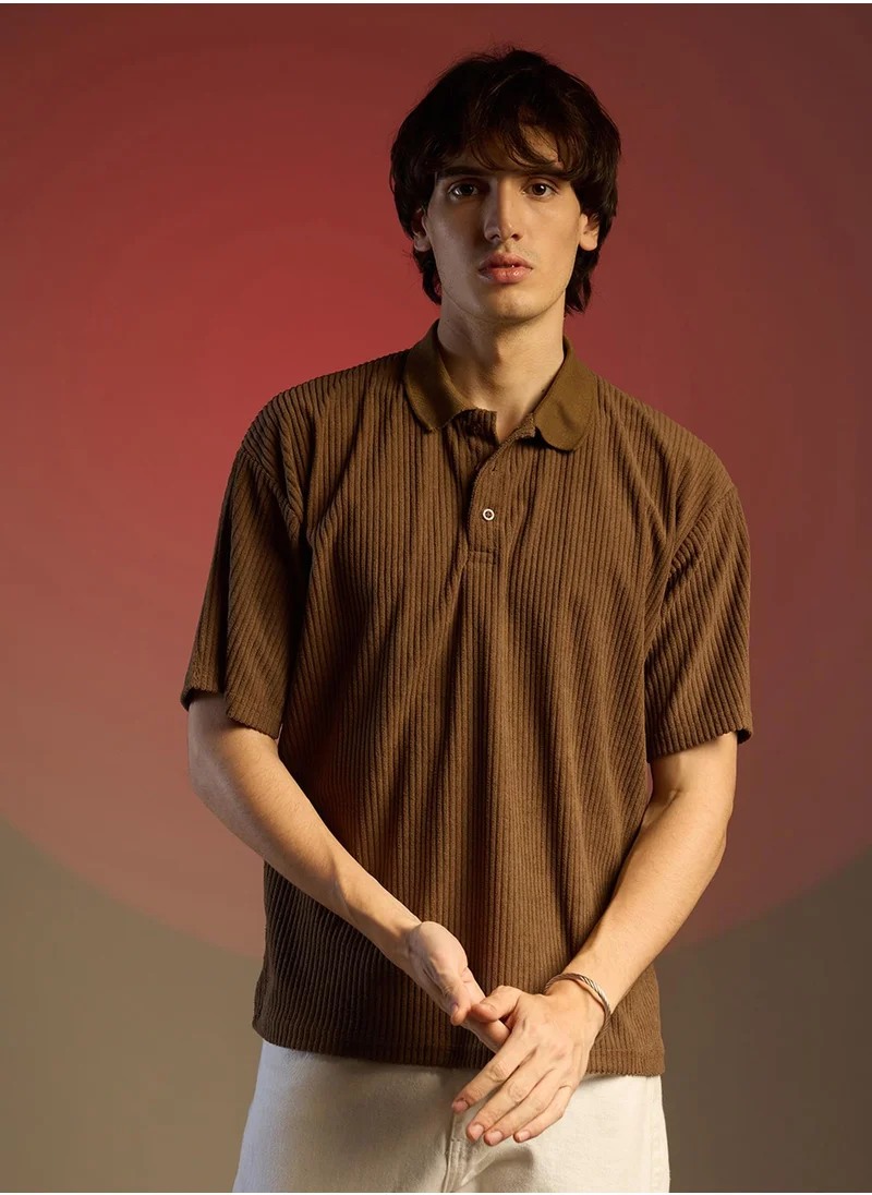 Campus Sutra Men's Chocolate Brown Ribbed Oversized Polo T-Shirt