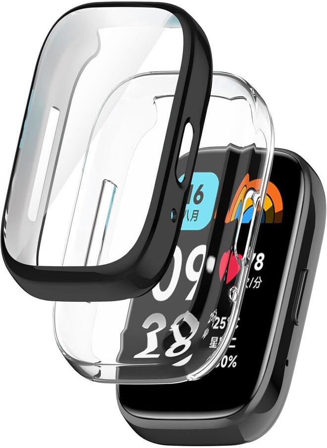 USTIYA USTIYA 2 x Case for Redmi Watch 3 Active and for Redmi Watch 3 Lite Smart Watch Case Screen Protector Cover Case (Black+Transparent) 