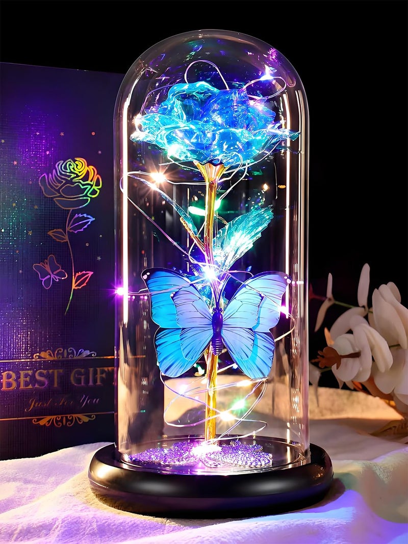 DEEMEI DEEMEI Birthday Gifts for Women Blue Rose Eternal Flower Light Up Rose in Glass Dome with Butterfly Flowers for Delivery Prime Anniversary Grandma Mom Gift Wife Girlfriend 