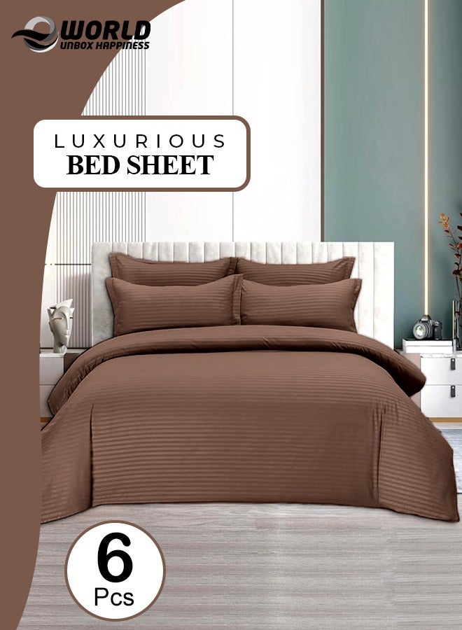 إي وورلد طقم سرير فاخر مكون من 6 قطع بحجم كينغ، بتصميم مخطط باللون البني الداكن وملاءة سرير فاخرة من القطن عالي الجودة للمنازل والفنادق، مع غطاء لحاف ناعم وأغطية وسائد - Image 1