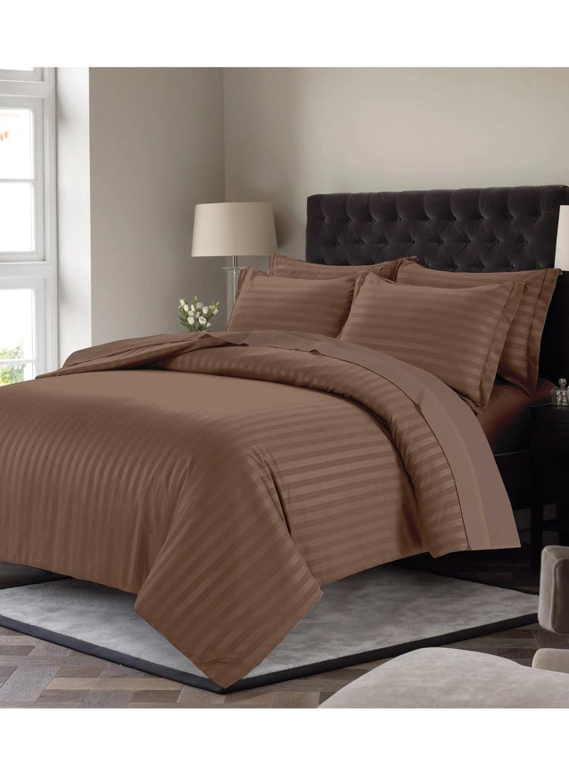 إي وورلد طقم سرير فاخر مكون من 6 قطع بحجم كينغ، بتصميم مخطط باللون البني الداكن وملاءة سرير فاخرة من القطن عالي الجودة للمنازل والفنادق، مع غطاء لحاف ناعم وأغطية وسائد - Image 5