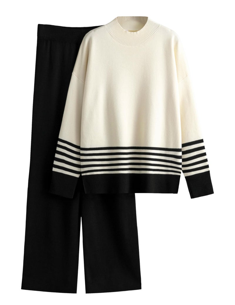 Tanming Women's Lounge Sets 2 Piece Outfits Knitted Pullover Sweater Tops Wide Leg Pants Tracksuit (Black-M) - Image 1