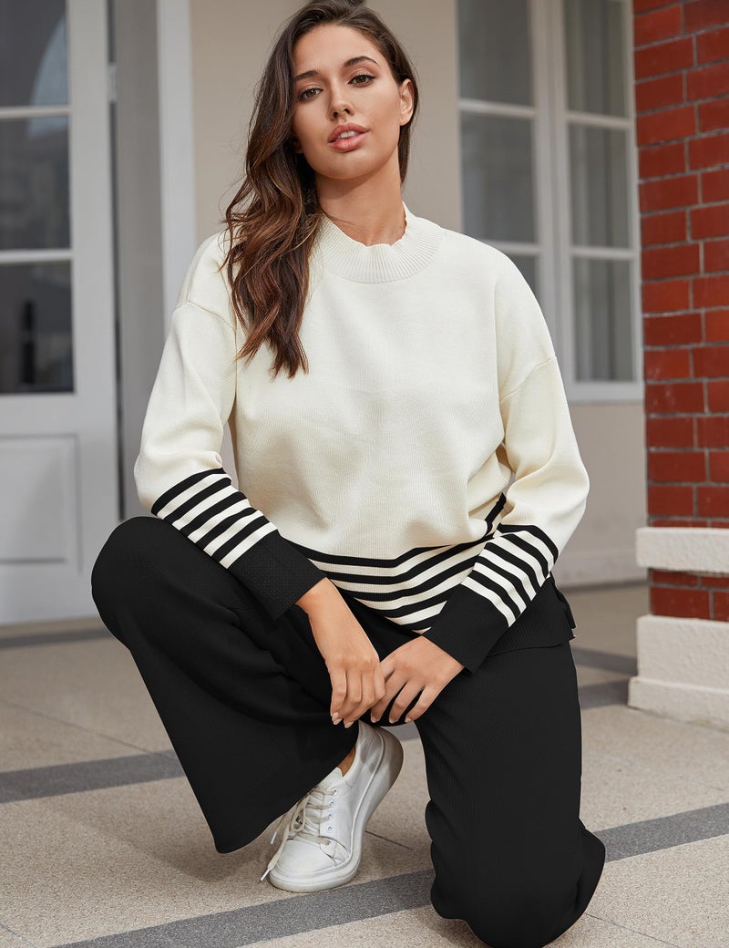Tanming Women's Lounge Sets 2 Piece Outfits Knitted Pullover Sweater Tops Wide Leg Pants Tracksuit (Black-M) - Image 5