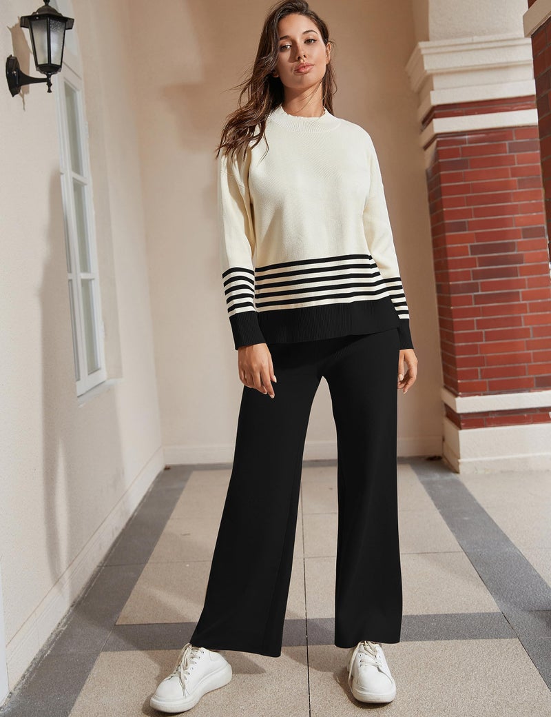 Tanming Women's Lounge Sets 2 Piece Outfits Knitted Pullover Sweater Tops Wide Leg Pants Tracksuit (Black-M) - Image 2