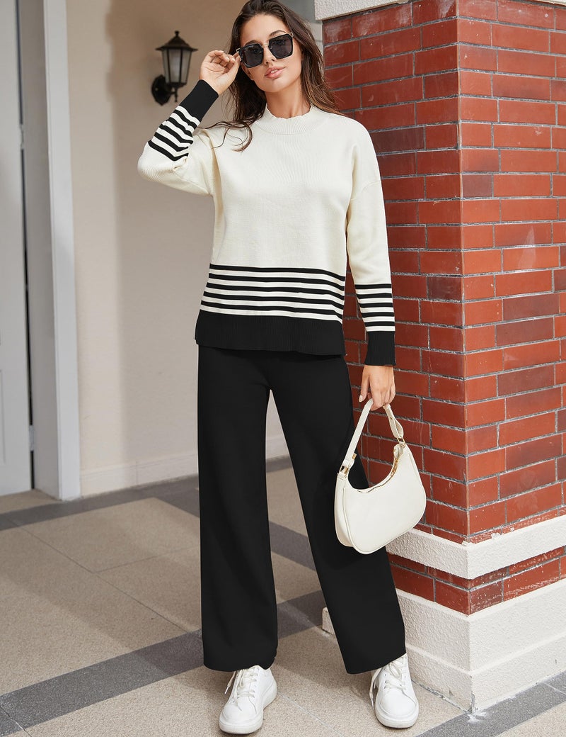 Tanming Women's Lounge Sets 2 Piece Outfits Knitted Pullover Sweater Tops Wide Leg Pants Tracksuit (Black-M) - Image 3