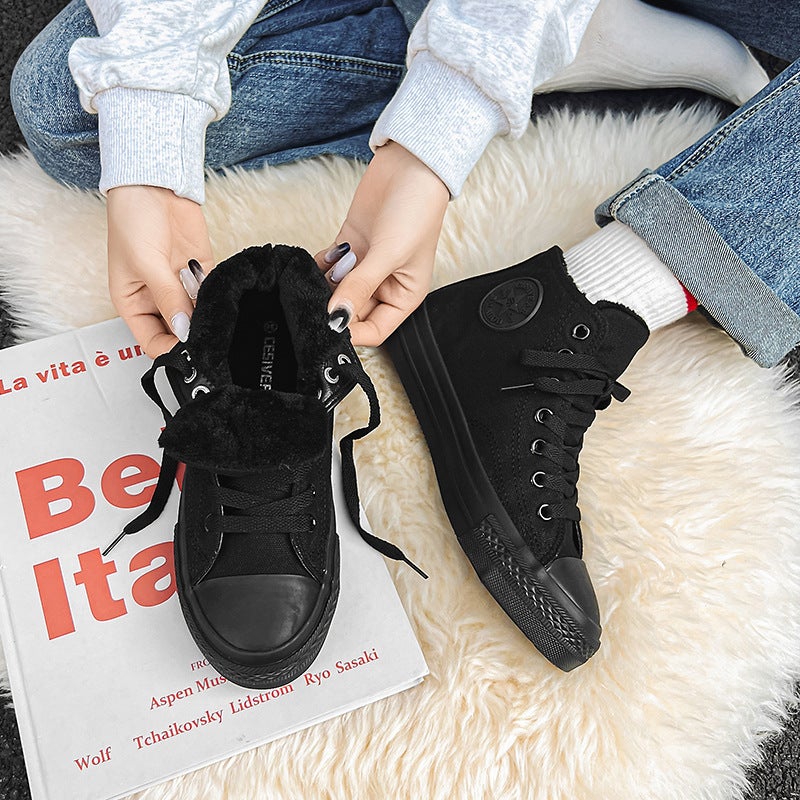 2022 Winter Velvet Canvas Shoes Warm Thickened Ladies Casual Cotton Sneakers All Black 