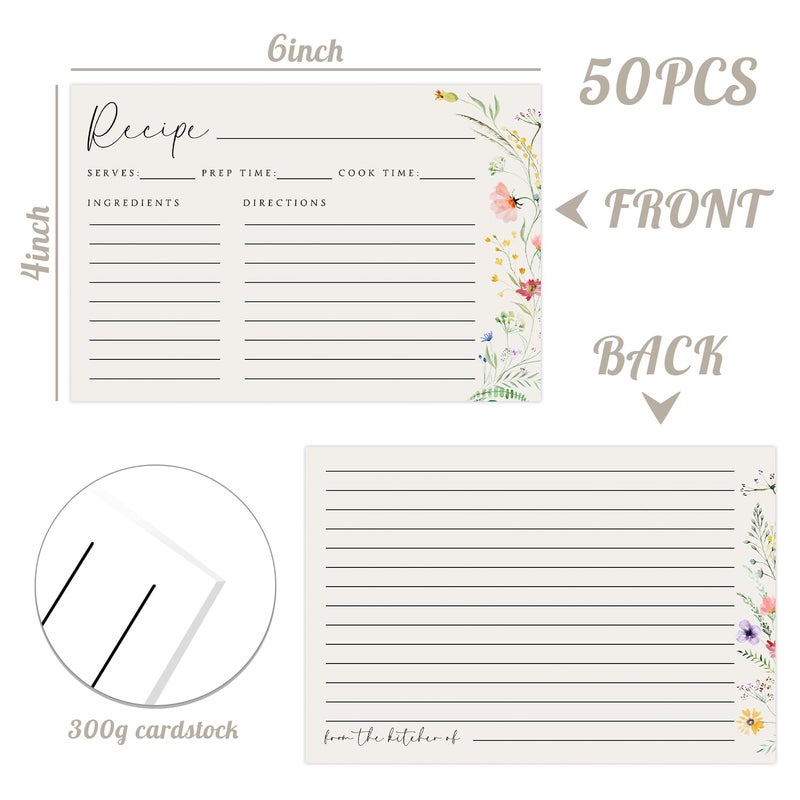 JOETMAE 50PCS Wildflower Recipe Cards,4Ã—6 In Double Sided Cards,Blank Recipe Card for Wedding, Bridal Shower and Baby Shower - Image 2