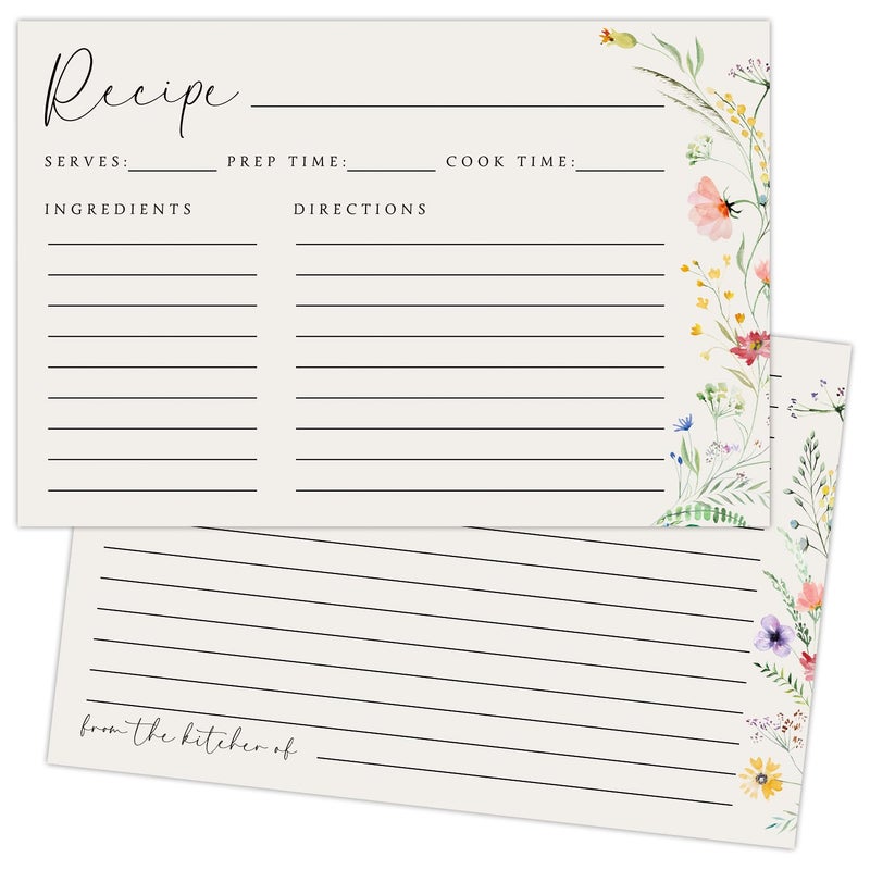 JOETMAE 50PCS Wildflower Recipe Cards,4Ã—6 In Double Sided Cards,Blank Recipe Card for Wedding, Bridal Shower and Baby Shower - Image 1