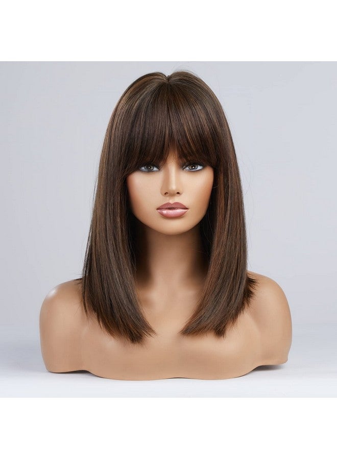 Haircube Long Dark Brown Bob Wigs For Womenmedium Length Wigs With Bangs Brown With Auburn Highlight Wigs Human Hair Blend Healthy Synthetic 16 Inch Wigs - Image 5