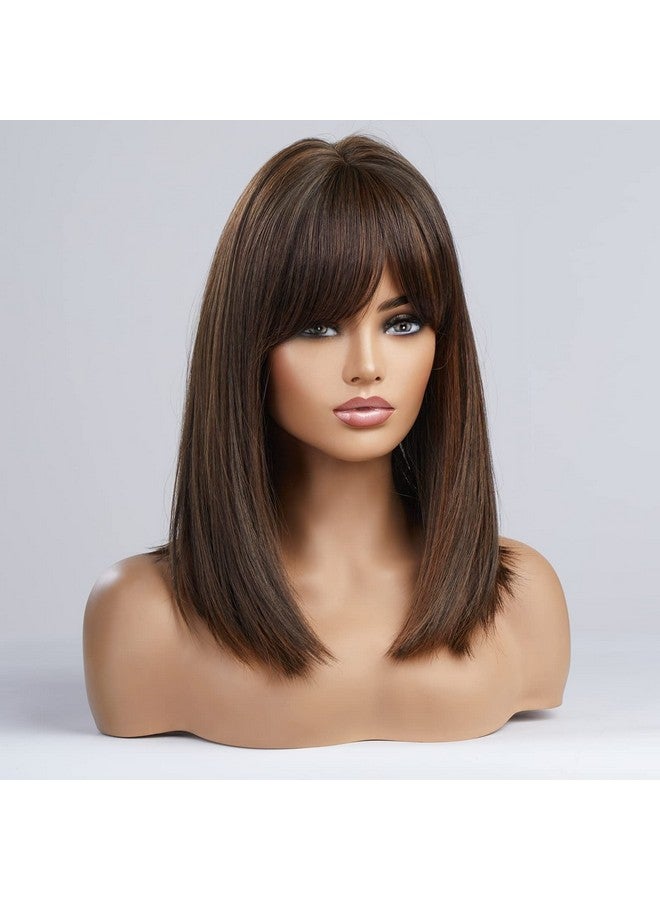Haircube Long Dark Brown Bob Wigs For Womenmedium Length Wigs With Bangs Brown With Auburn Highlight Wigs Human Hair Blend Healthy Synthetic 16 Inch Wigs - Image 4