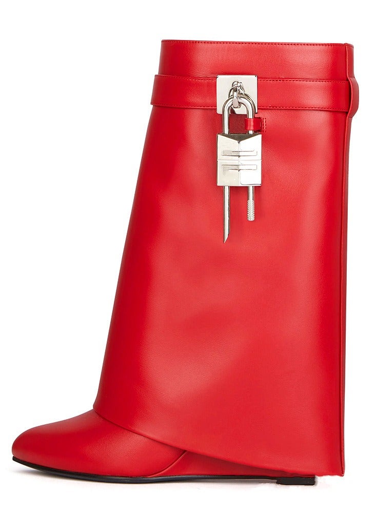 Loquat Women's Stylish Fold Over Ankle Boots Pointed Toe Wedge High Heels Short Tube Boots Red