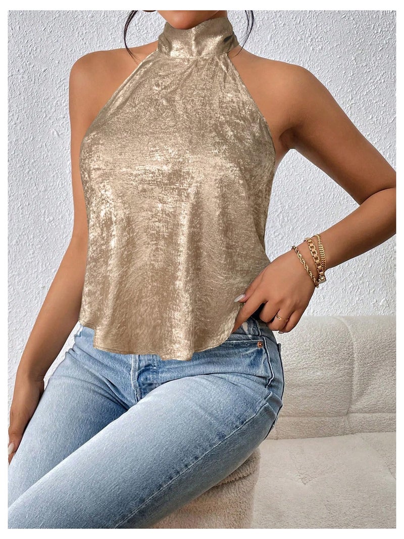 MakeMeChic Women's Satin Silk Backless Halter Tops High Neck Sleeveless Camisole Summer Classy Going Out Top Gold Small - Image 4