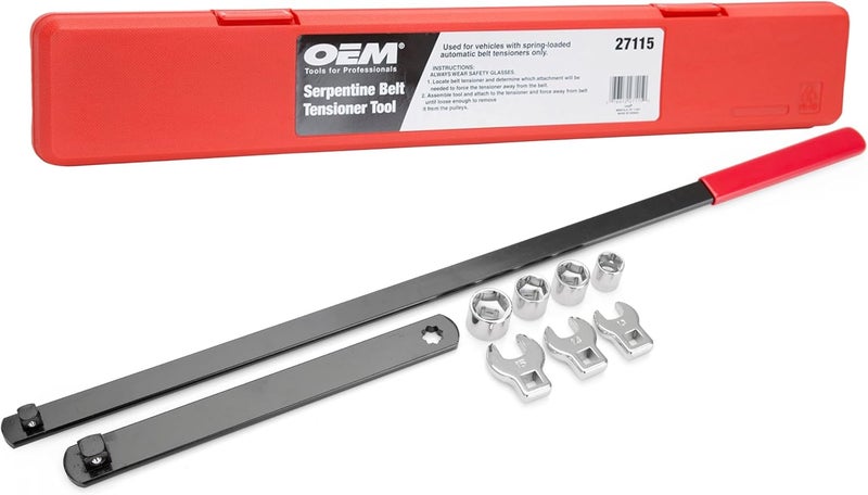 OEMTOOLS 27115 Serpentine Belt Tool Kit, Serpentine Belt Tensioner Tool, 1/2 & 3/8 Square Drive Adapters, Crowfoot Wrench Set (13, 14, & 15mm), Low Profile Socket Set (13, 15, 16, & 18mm) - Image 1