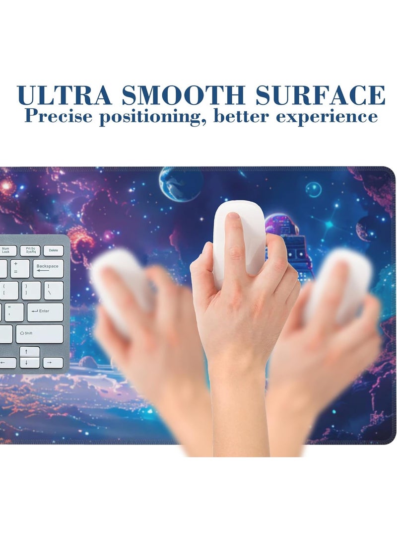 Large Gaming Mouse Pad for Desk Astronaut in Space Planets Big Desk Mat Extended Mousepad with Stitched Edge and Non-Slip Base Long Computer Keyboard Mouse Mat for Home Office Work, 70x30 CM - Image 5