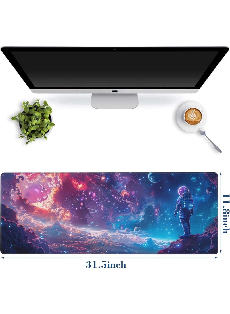 Large Gaming Mouse Pad for Desk Astronaut in Space Planets Big Desk Mat Extended Mousepad with Stitched Edge and Non-Slip Base Long Computer Keyboard Mouse Mat for Home Office Work, 70x30 CM - Image 2