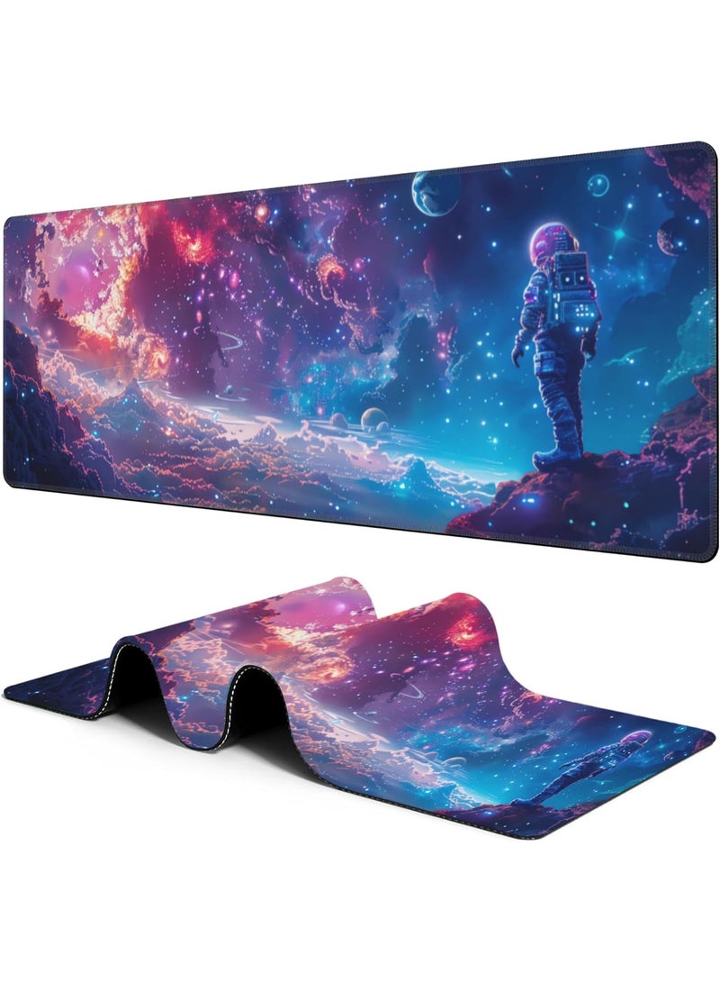 Large Gaming Mouse Pad for Desk Astronaut in Space Planets Big Desk Mat Extended Mousepad with Stitched Edge and Non-Slip Base Long Computer Keyboard Mouse Mat for Home Office Work, 70x30 CM - Image 1