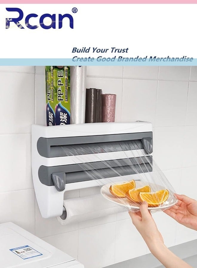 Rcan 4 in 1 Wall Mount Paper Towel Holder Plastic Wrap Dispenser with Slide Cutter and Holder Multifunctional Wall Mount Sauce Bottle Storage Holder Tin Foil Paper Organizer for Kitchen - Image 1