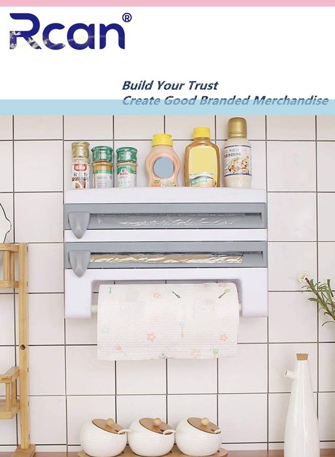 Rcan 4 in 1 Wall Mount Paper Towel Holder Plastic Wrap Dispenser with Slide Cutter and Holder Multifunctional Wall Mount Sauce Bottle Storage Holder Tin Foil Paper Organizer for Kitchen - Image 2