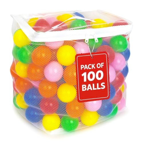 MW SPORTS Ball Pit Balls for Kids and Toddlers Plastic Crush Proof Phthalate BPA Free in Reusable Mesh Storage Bag Assorted Colors 100 Balls - Image 1