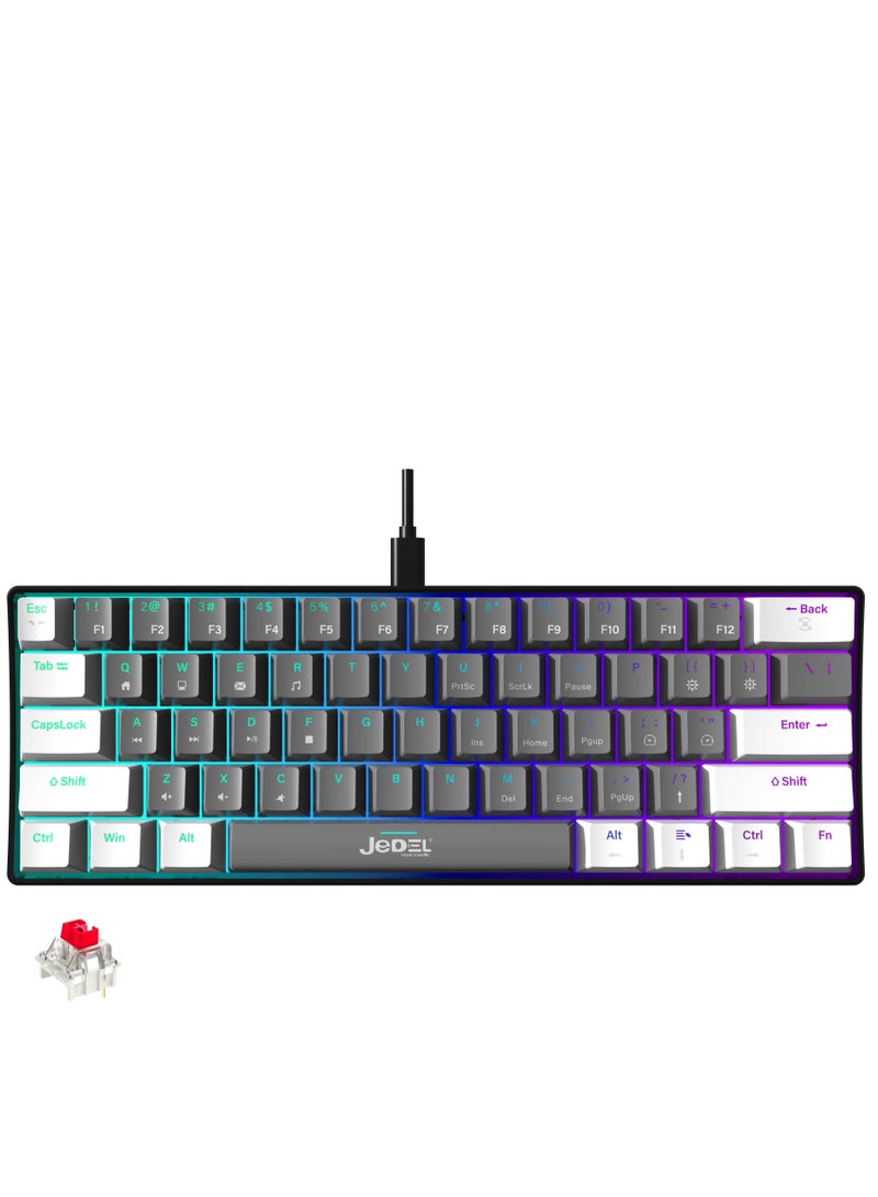 JeDEL KL69 60% Mechanical Gaming Keyboard Rainbow - Red Switches - Detchable USB C Cable - English and Arabic Keys - Image 1