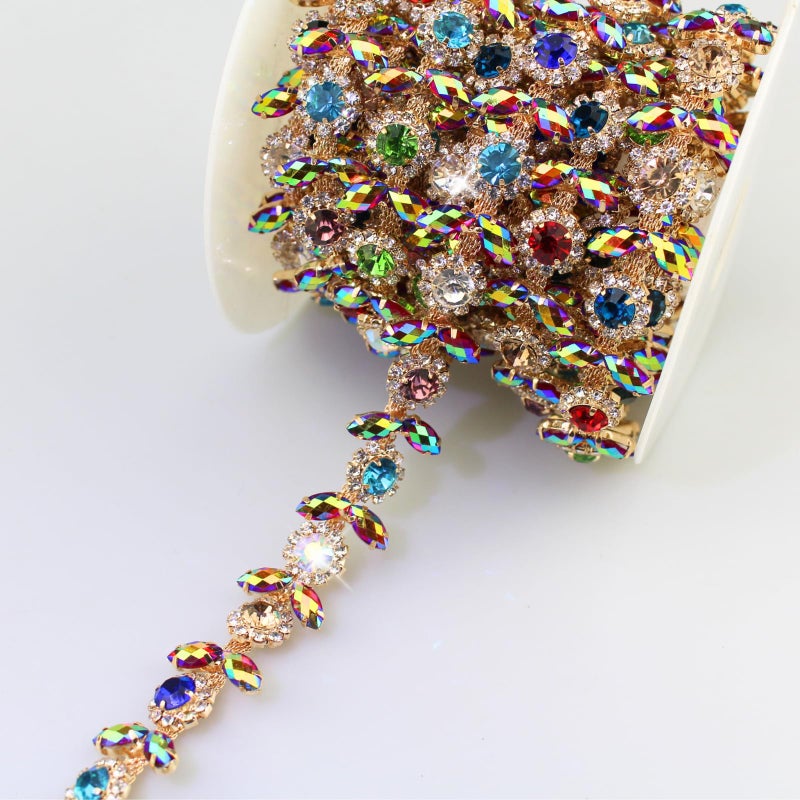 PEARLY JUN 1 Yards Rhinestone Trim Crystal Chain AB Gold Fringe Sewing Dress DIY Party Wedding Bouquet for Decoration Bridal Costume Embellishment Clothing Accessories - Image 1
