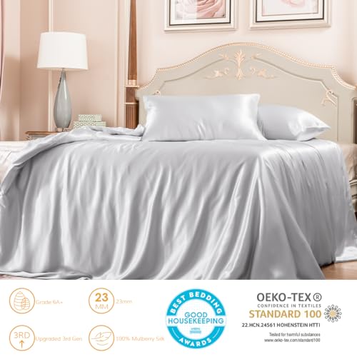 PROMEED 100% Mulberry Silk Duvet Cover Set 3PCS King Size, Real 23 Momme Grade 6A Silk Bedding Set with Duvet Cover and Pillowcases (Light Grey, King) - Image 2