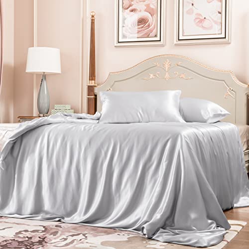 PROMEED 100% Mulberry Silk Duvet Cover Set 3PCS King Size, Real 23 Momme Grade 6A Silk Bedding Set with Duvet Cover and Pillowcases (Light Grey, King) - Image 1