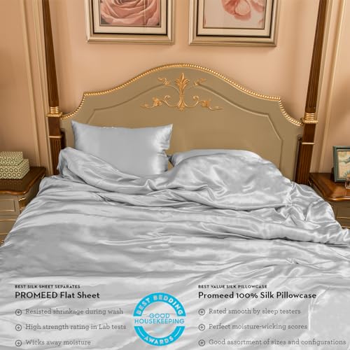 PROMEED 100% Mulberry Silk Duvet Cover Set 3PCS King Size, Real 23 Momme Grade 6A Silk Bedding Set with Duvet Cover and Pillowcases (Light Grey, King) - Image 4
