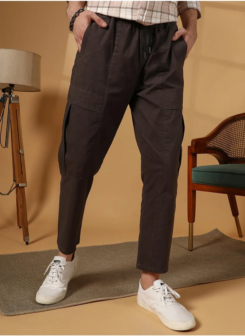 Campus Sutra Men's Umber Brown Solid Utility Trousers