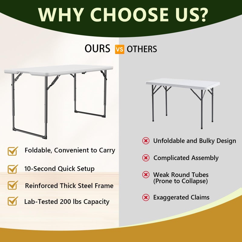 MAKE CHANGES Folding Table, 4FT Foldable Picnic Table with Adjustable Height, Heavy Duty Fold-in-Half Portable Table for Weddings, Camping, RV Travel, Parties, BBQs, and Indoor Use, Easy to Fold and Store - Image 5