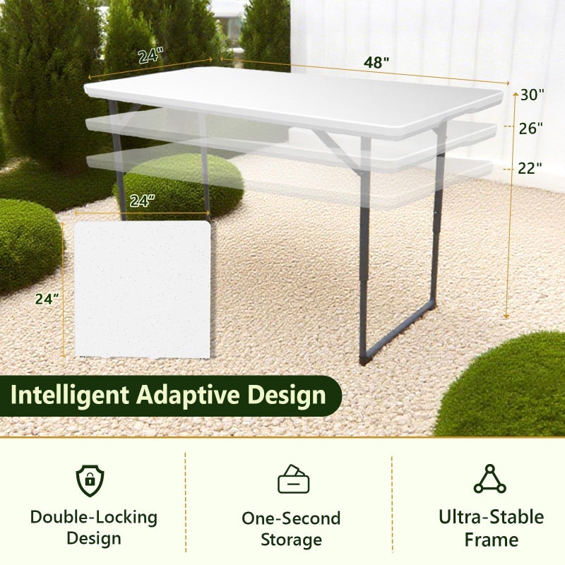 MAKE CHANGES Folding Table, 4FT Foldable Picnic Table with Adjustable Height, Heavy Duty Fold-in-Half Portable Table for Weddings, Camping, RV Travel, Parties, BBQs, and Indoor Use, Easy to Fold and Store - Image 2