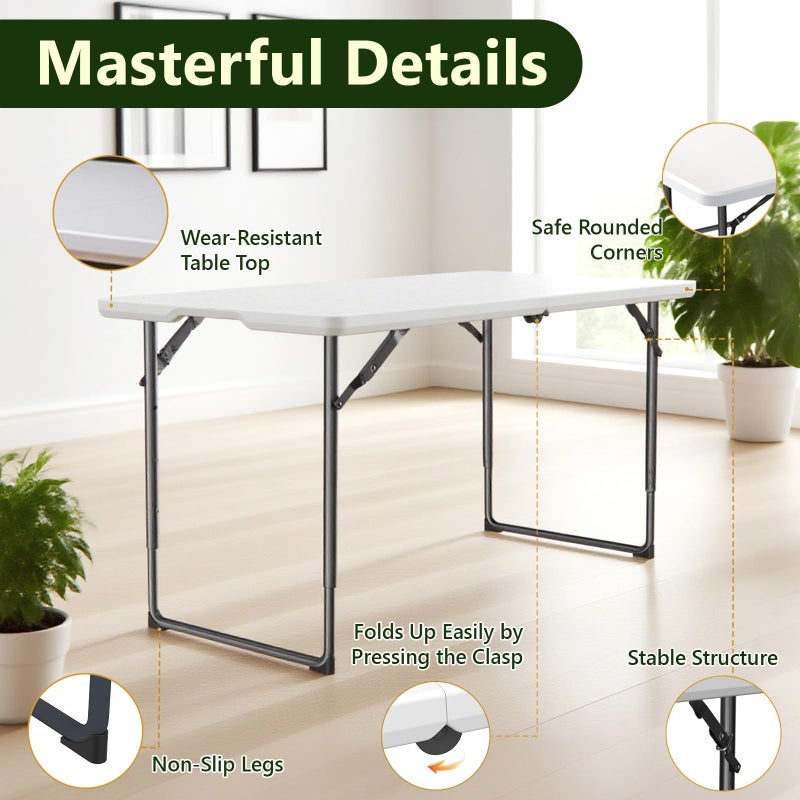 MAKE CHANGES Folding Table, 4FT Foldable Picnic Table with Adjustable Height, Heavy Duty Fold-in-Half Portable Table for Weddings, Camping, RV Travel, Parties, BBQs, and Indoor Use, Easy to Fold and Store - Image 4