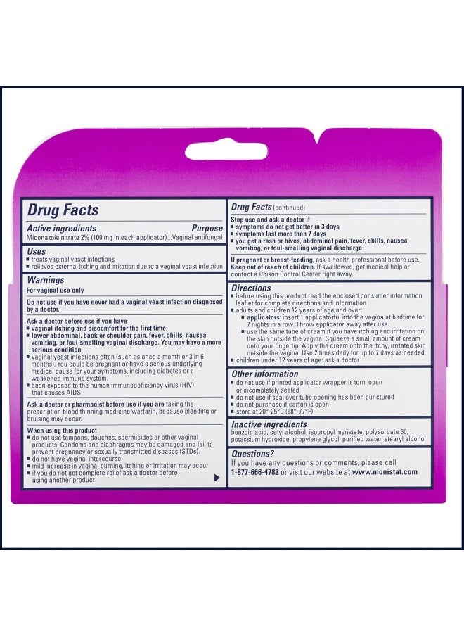 Monistat Monistat 7 Day Yeast Infection Treatment for Women, 7 Miconazole Cream Applications with Disposable Applicators, 2 Pack  - Image 2