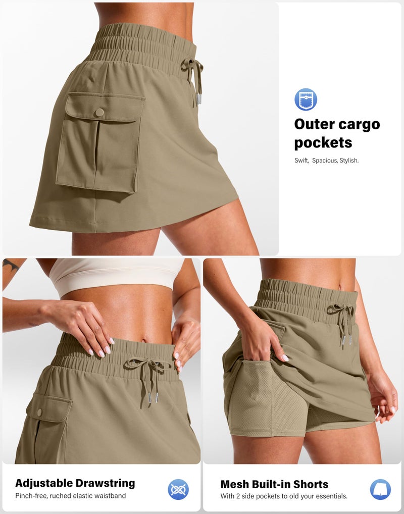 SANTINY 14" Cargo Skorts for Women with 4 Pockets Drawstring High Waisted Golf Hiking Skirt for Casual Summer Travel (Dusty Khaki_XXL) - Image 4