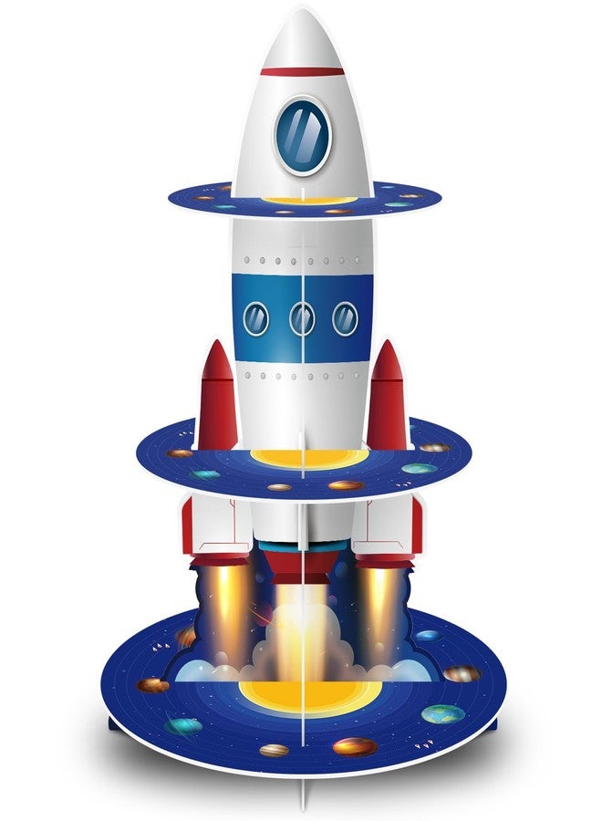 WEEPA Space Party Decorations Rocket Cupcake Stand Space Birthday Decorations 3 Tier Cardboard Cupcake Holder Galaxy Style for Outer Space Party Supplies - Image 1