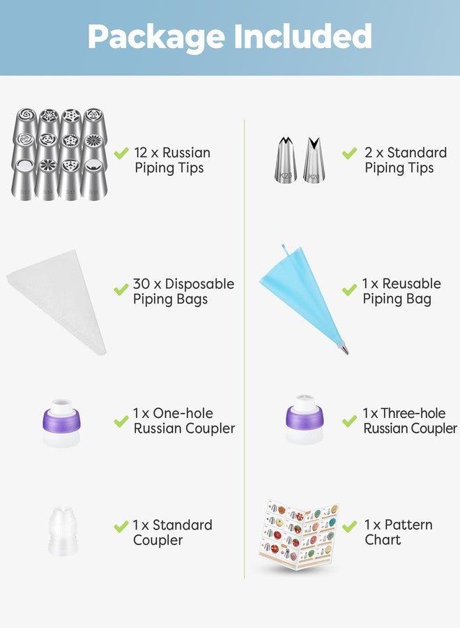 Kootek 48Pcs Russian Piping Tips Set, Piping Bags and Tips Set with 12 Russian Tips, 2 Icing Tips, 30+1 Pastry Bags, 3 Couplers for Cake Decorating, Cupcake, Cookie, Baking - Image 5