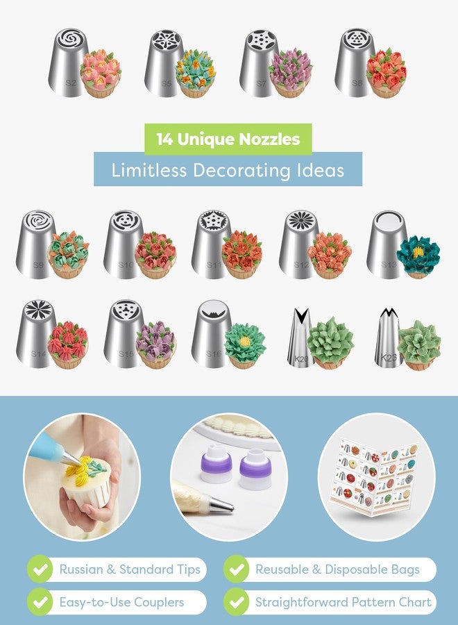 Kootek 48Pcs Russian Piping Tips Set, Piping Bags and Tips Set with 12 Russian Tips, 2 Icing Tips, 30+1 Pastry Bags, 3 Couplers for Cake Decorating, Cupcake, Cookie, Baking - Image 2