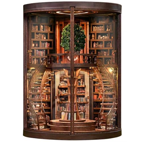 IBOHEYE DIY Miniature House Kit 3D Wooden Puzzles Dollhouse Kit Retro DoubleDecker Library Model Kit to Build Bookshelf Decor Gift for Adults Wisdom Rings Book Repository - Image 1