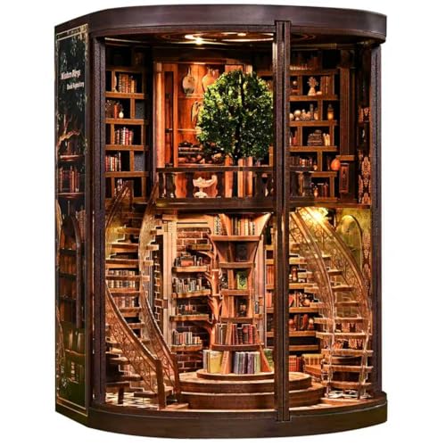 IBOHEYE DIY Miniature House Kit 3D Wooden Puzzles Dollhouse Kit Retro DoubleDecker Library Model Kit to Build Bookshelf Decor Gift for Adults Wisdom Rings Book Repository - Image 5