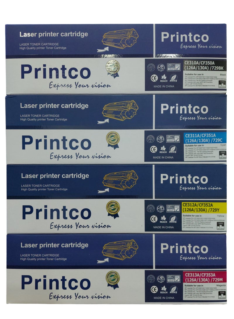 برينتكو حبر متوافق مع خرطوشة HP 126A حبر بديل لطابعات HP CE310A CE311A CE312A CE313A يعمل مع طابعة الليزر Pro MFP M175 M275 CP1025nw (أسود، سماوي، أرجواني، أصفر، عبوة من 4 قطع) - Image 1