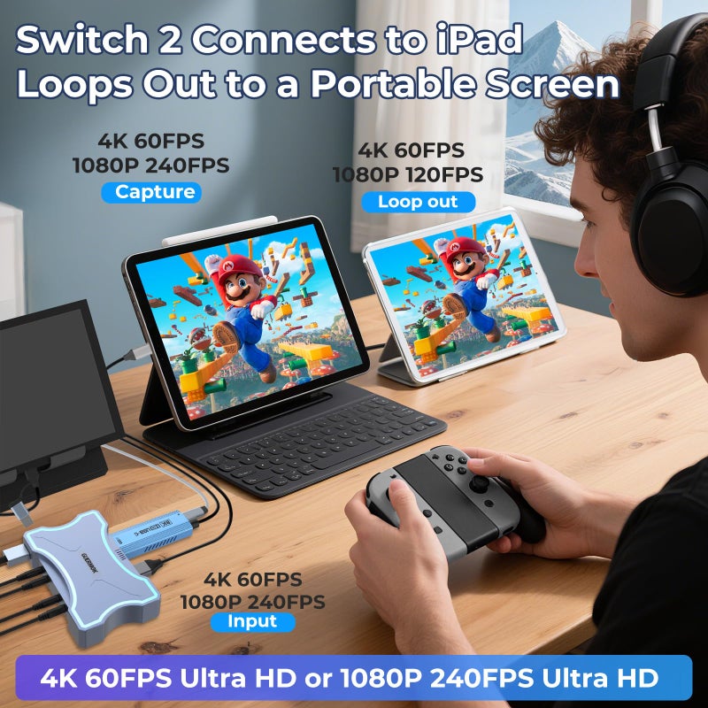 Guermok 4K HDMI Capture Card with Touch LED, Dual HDMI in/Loop-Out, USB 3.0, 4K@60Hz/ 2K@144Hz Video Capture, Mic/Line in, 4K60 Passthrough, Efficient Cooling, Streaming and Gaming for Switch2/1 - Image 5