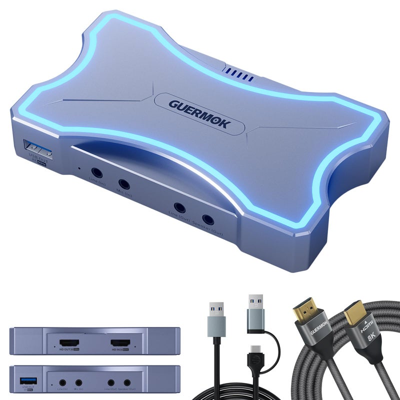 Guermok 4K HDMI Capture Card with Touch LED, Dual HDMI in/Loop-Out, USB 3.0, 4K@60Hz/ 2K@144Hz Video Capture, Mic/Line in, 4K60 Passthrough, Efficient Cooling, Streaming and Gaming for Switch2/1 - Image 1