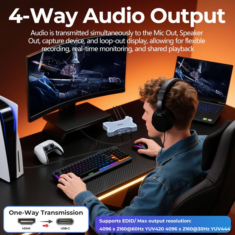 Guermok 4K HDMI Capture Card with Touch LED, Dual HDMI in/Loop-Out, USB 3.0, 4K@60Hz/ 2K@144Hz Video Capture, Mic/Line in, 4K60 Passthrough, Efficient Cooling, Streaming and Gaming for Switch2/1 - Image 2