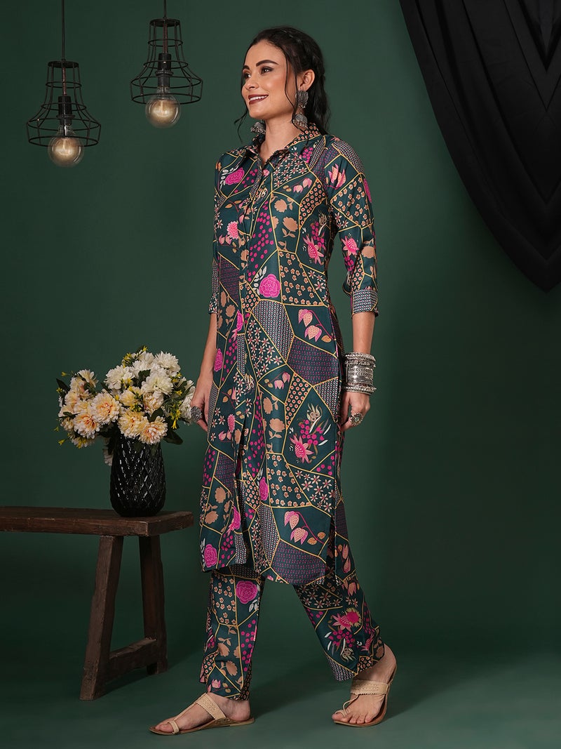 globus Globus Women Floral Printed Shirt Collar Straight Kurta & Trousers - Image 2