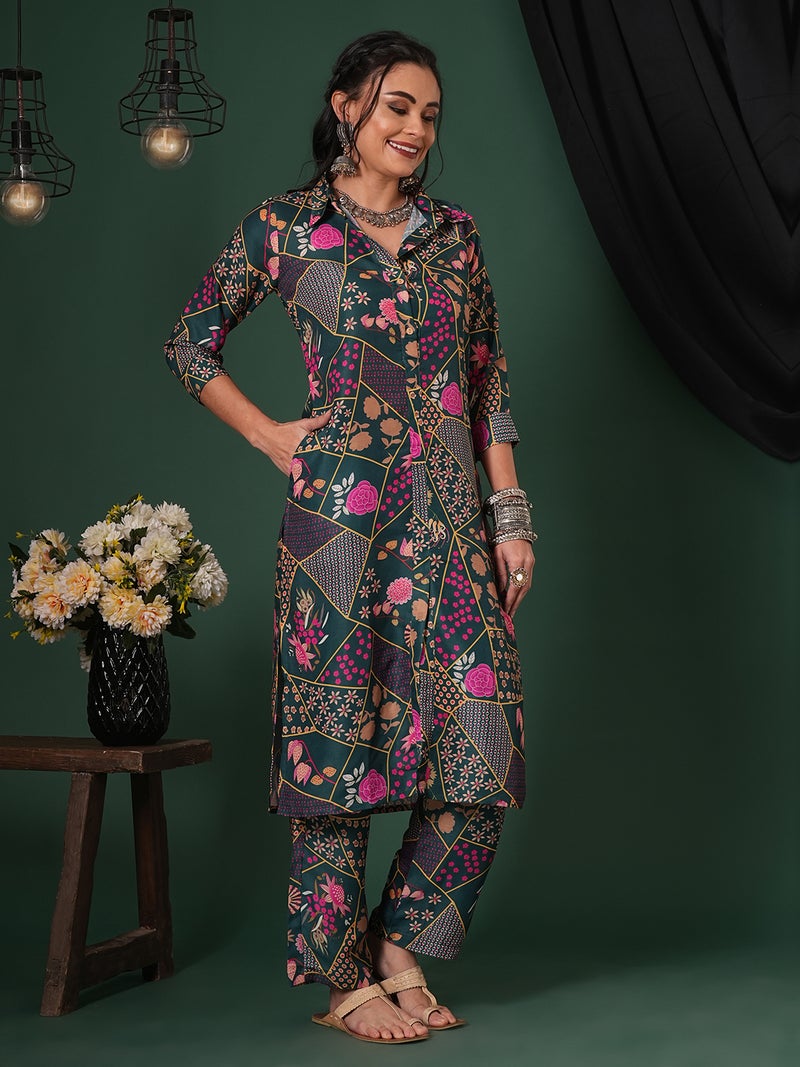 globus Globus Women Floral Printed Shirt Collar Straight Kurta & Trousers - Image 1