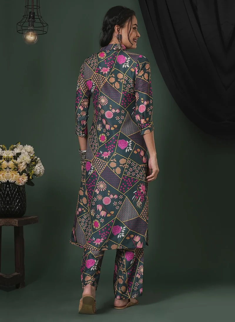 globus Globus Women Floral Printed Shirt Collar Straight Kurta & Trousers
